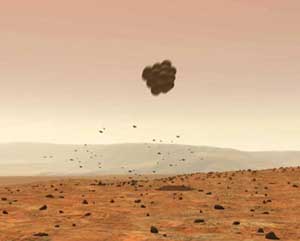 The Mars Exploration Rover bounces down on the Martian surface, protected by airbags. Image credit NASA/JPL. 