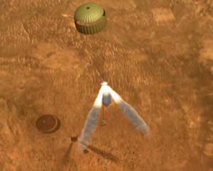 The Mars Exploration Rover descends using parachutes and landing rockets. Image credit NASA/JPL.