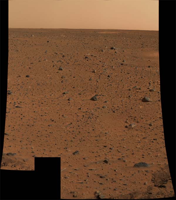 The first color image of the Martian surface sent back by the Mars Exploration Rover. Image credit NASA/JPL.