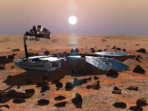 Beagle 2 on Mars with its solar panels and scientific instruments deployed.  All Rights Reserved Beagle 2. 