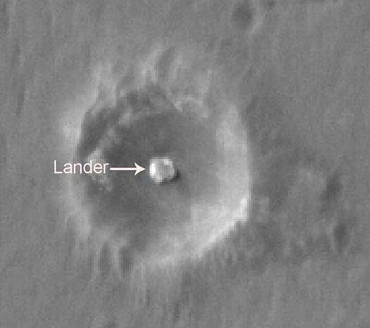 A HiRISE image of the lander stage that delivered the Opportunity rover to Mars. Image credit NASA/JPL.