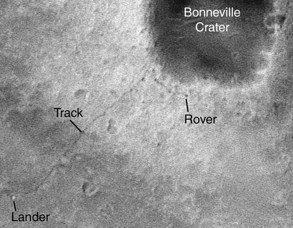 Spirit rover and tracks as seen from orbit.  Image credit NASA/JPL/Malin Space Science Systems. 