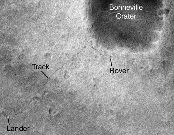 Spirit rover and tracks as seen from orbit. Image credit NASA/JPL/Malin Space Science Systems.