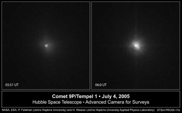 Tempel 1 as seen on from Hubble - before and after impact. Image credit NASA/ESA/JHU.