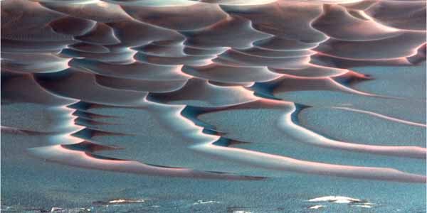 Dunes in Endurance Crater. {False Color} Image credit NASA/JPL.
