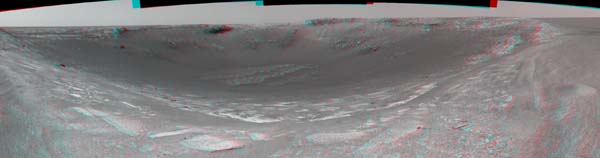 At Endurance crater - 3D anaglyph. Image credit NASA/JPL.
