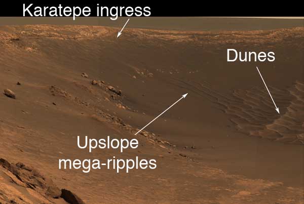 Looking down into Endurance Crater.  Image credit NASA/JPL.