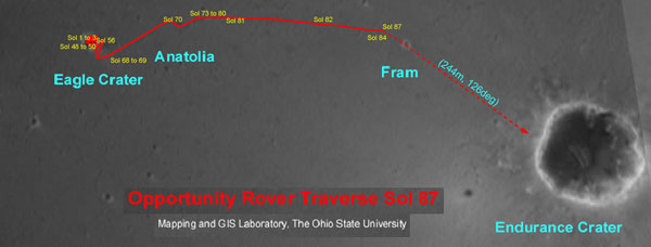 The traverse route for the Opportunity rover. Image credit NASA/JPL and Ohio State University.