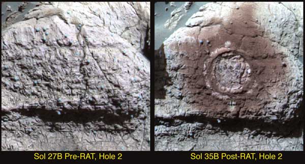 A rock after it has been drilled.  Image credit NASA/JPL.