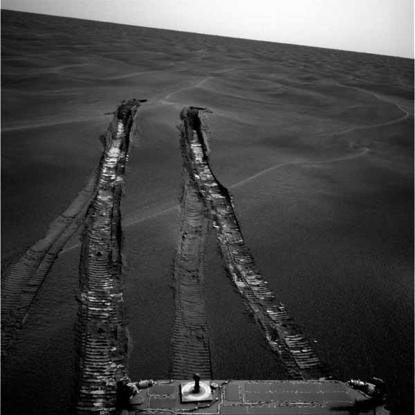 Opportunity - tracks left in the sand after it got unstuck. Image credit NASA/JPL.