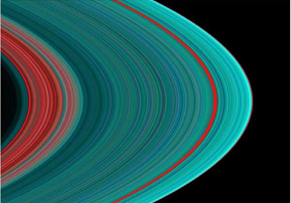 Saturn, rings in false color.  Image credit NASA/JPL.