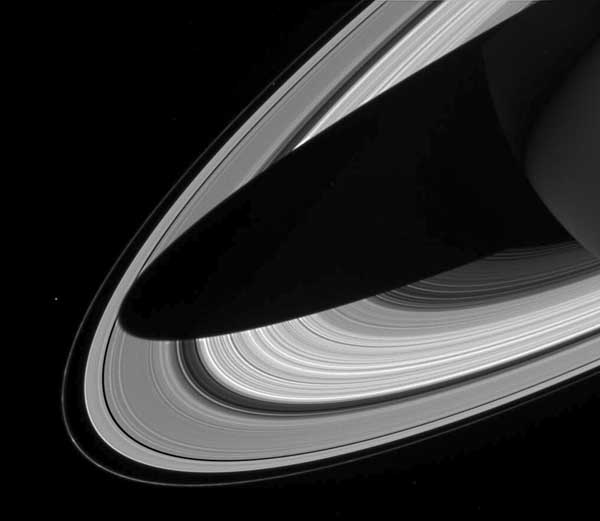 Saturn rings, black and white.  Image credit NASA/JPL.