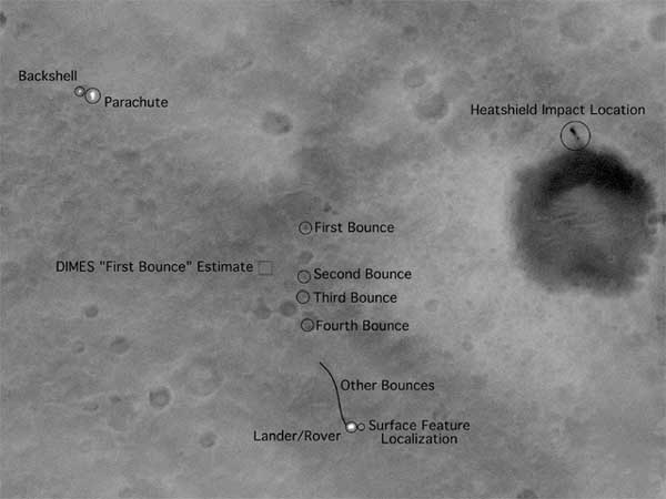 An image of the landing site for the Mars Exploration Rover Spirit as seen from orbit.  Image credit NASA/JPL. 