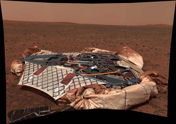 A picture of the Landing Stage that delivered the Spirit Rover to Mars. Image credit NASA/JPL. 