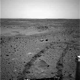 A picture of the tracks left by the Spirit rover as it drove across Mars. Image credit NASA/JPL.