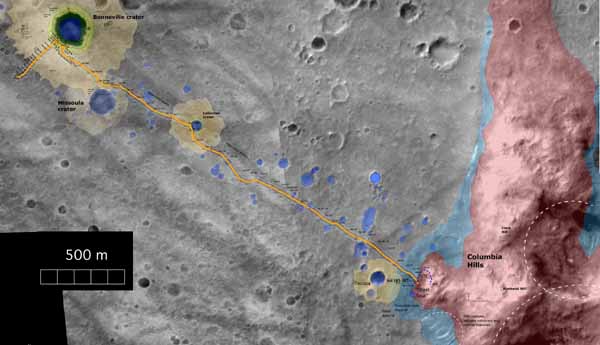 Spirit's traverse route Image credit NASA/JPL.