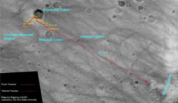 The traverse route for Spirit. Image credit NASA/JPL and Ohio State University.