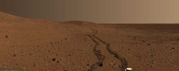 Spirit, hills and tracks, color. Image credit NASA/JPL.