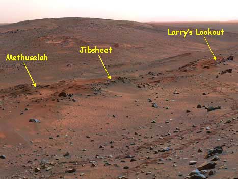 Spirit studies a series of rock outcrops. Image credit NASA/JPL.