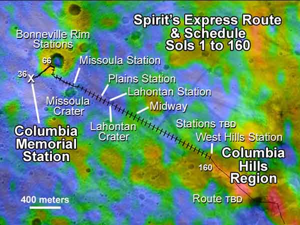 The traverse route for Spirit. Image credit NASA/JPL.