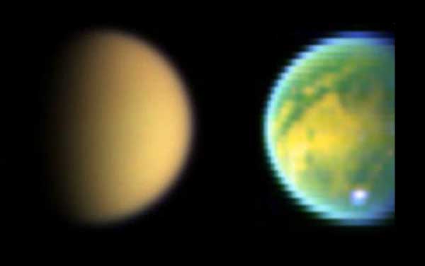 Titan as seen in visible and IR.  Image credit NASA/JPL.